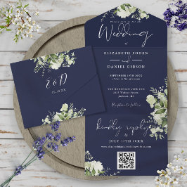 Navy Blue Greenery QR Code Monogram Bröllop