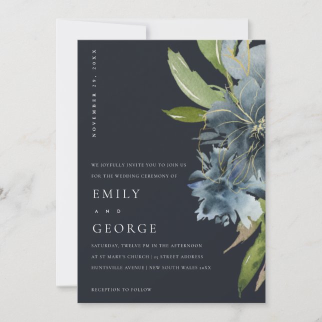 NAVY BLUE GRÖNT GULD BLOMMIGT WEDDING INVITE TACK KORT (Framsida)