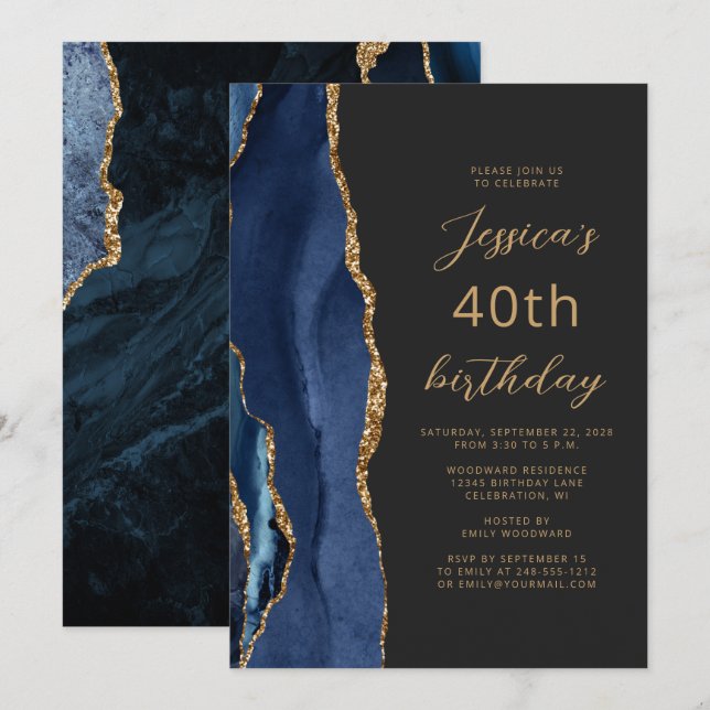 Navy Blue Guld Agat Skiffer Script 40-årsdag Inbjudningar (Fram/baksida)