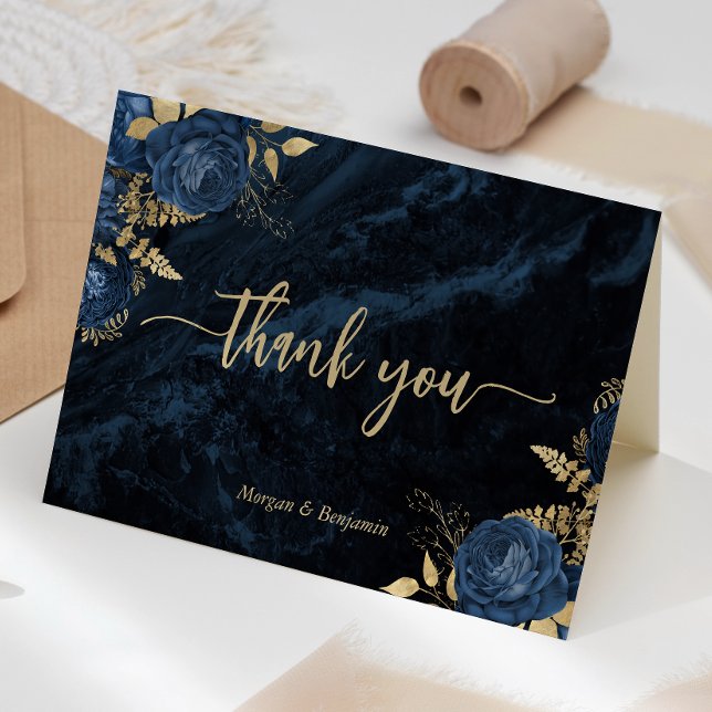 Navy Blue Guld Blommig Bröllopskrift Tack Kort (Skapare uppladdad)