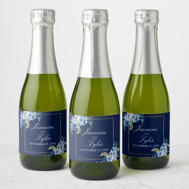 Navy Blue Guld Blommig Elegant Afton Bröllop Mini (Flaskor)