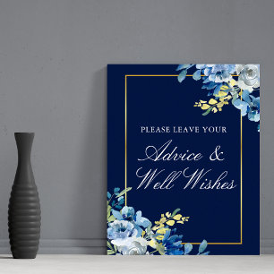 Navy Blue Guld Blommigt Bröllop Advice & well Önsk Poster