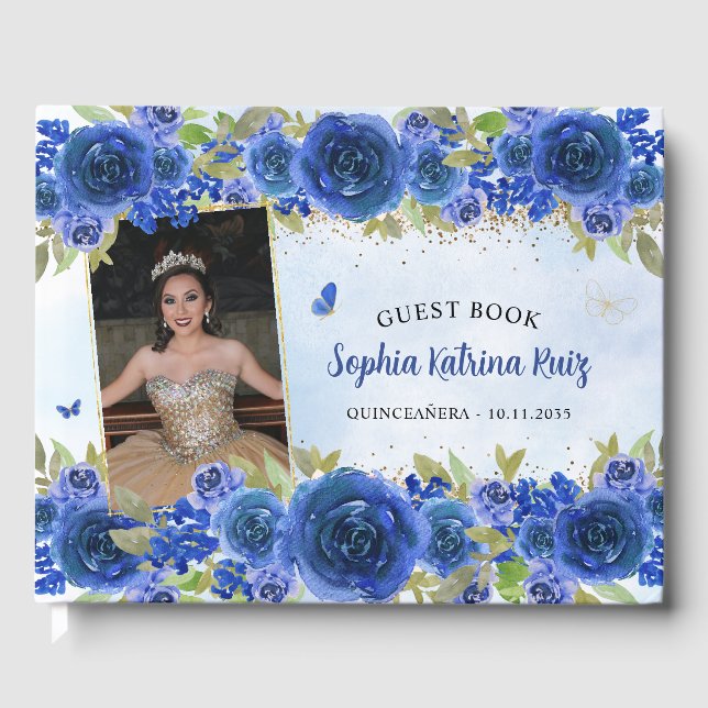 Navy Blue Guld Blommigt Princess Quinceañera Photo Gästböcker (Framsida)