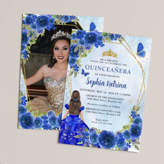 Navy Blue Guld Blommigt Princess Quinceañera Photo Inbjudningar (Skapare uppladdad)