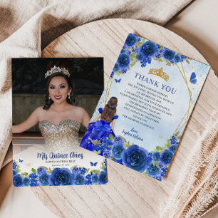 Navy Blue Guld Blommigt Princess Quinceañera Photo Tack Kort