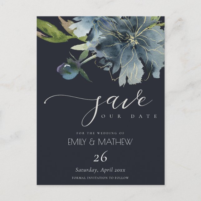 NAVY BLUE GULD BLOMMIGT VATTENFÄRG SPARA DATUM MEDDELANDE VYKORT (Framsida)