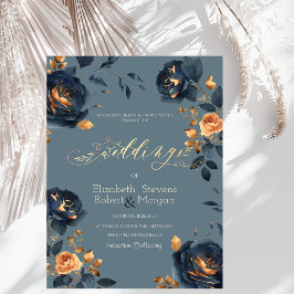 Navy Blue Guld Blommor Bröllop Inbjudningar