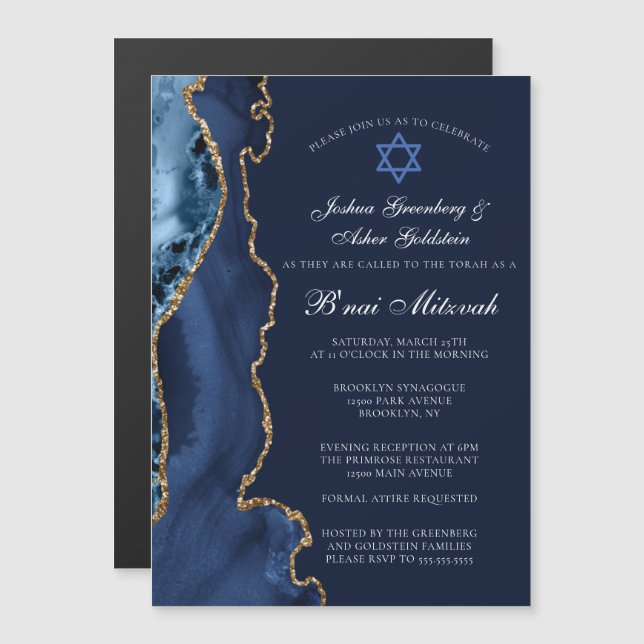Navy Blue Guld B'nai Mitzvah Elegant Party Magnetisk Inbjudningskort (Fram/baksida)