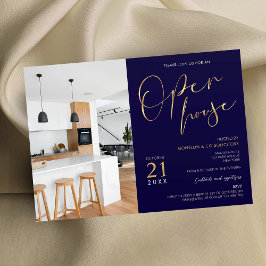 Navy Blue & Guld Business Logotyp Open House-foto Inbjudningar