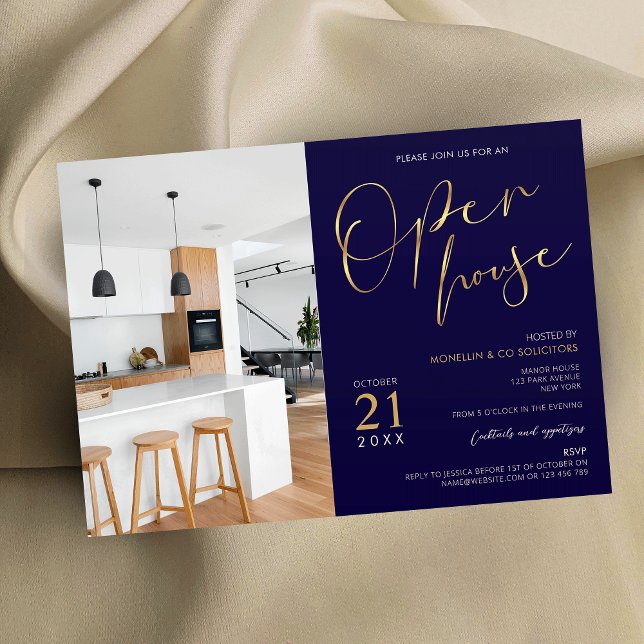 Navy Blue & Guld Business Logotyp Open House-foto Inbjudningar (Elegant navy blue & gold open house photo invitation for your event)
