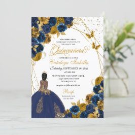Navy Blue & Guld Butterfly Princess Quinceanera Inbjudningar