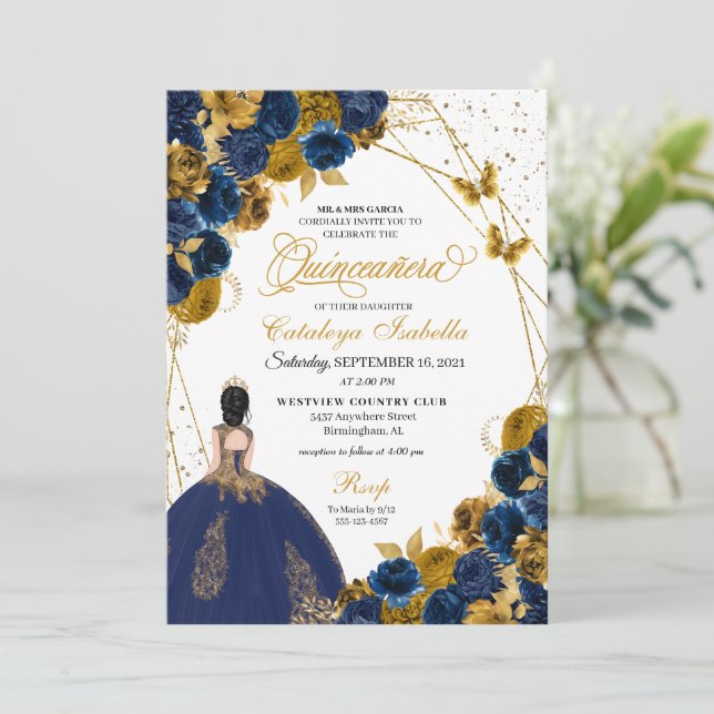 Navy Blue & Guld Butterfly Princess Quinceanera Inbjudningar (Stående Fram)