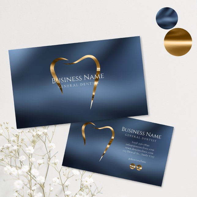 Navy Blue & Guld Dentist Affärskort Visitkort (Skapare uppladdad)