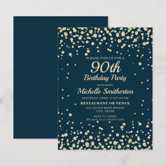 Navy Blue Guld Diamant Glitter Kvinnor 90-årsdag Kort (Fram/baksida)