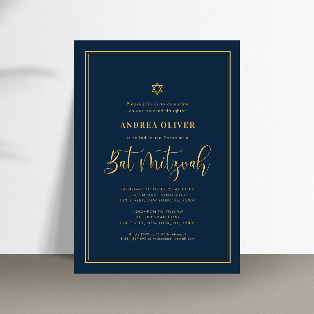 Navy Blue & Guld Dubbel Ram Skrift Bat Mitzvah Inbjudningar (Skapare uppladdad)