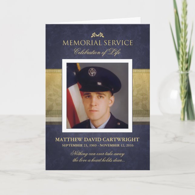 Navy Blue & Guld Elegance Memorial Service Inbjuda Helgkort (Framsida)