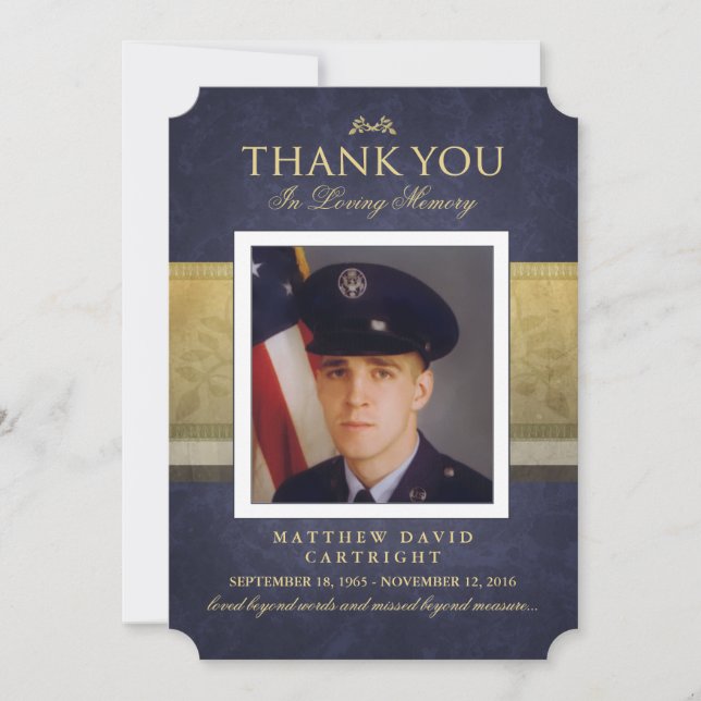 Navy Blue & Guld Elegance Tack Memorial Card Inbjudningar (Framsida)