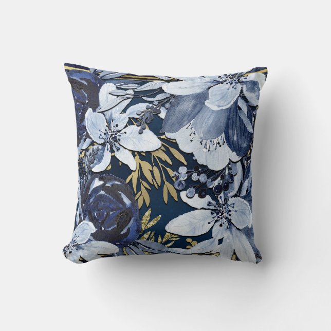 Navy Blue & Guld Elegant Modern Akvarell Blommig Kudde (Framsida)