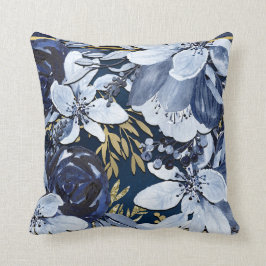 Navy Blue & Guld Elegant Modern Akvarell Blommig Kudde
