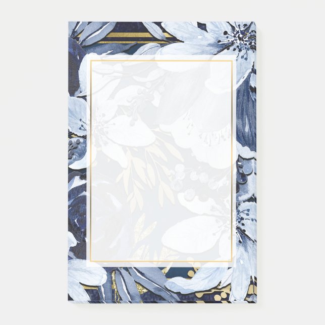 Navy Blue & Guld Elegant Modern Akvarell Blommig Post-it Block (Framsida)