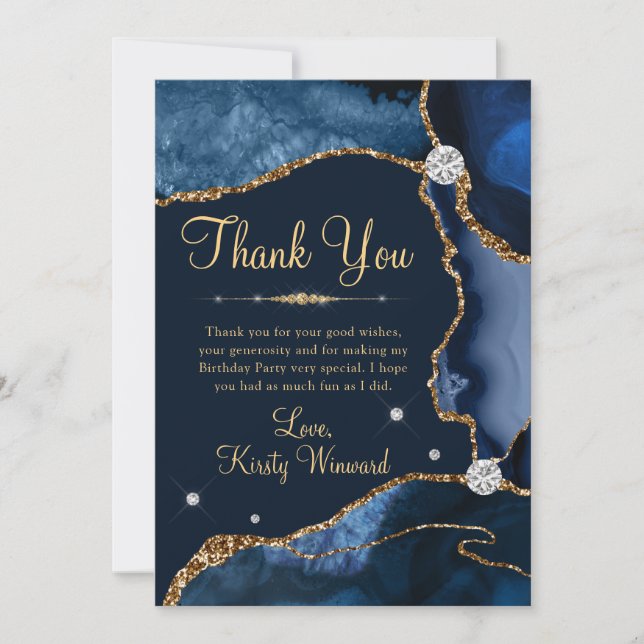 Navy Blue & Guld Falsk Glitter Agat Födelsedag Tack Kort (Framsida)