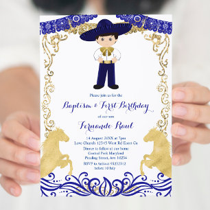 Navy Blue Guld Fiesta Boy Baptism Birthday Inbjudningar