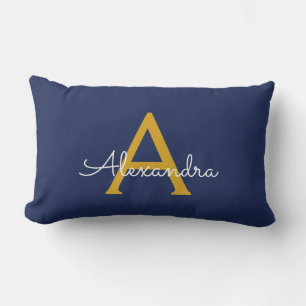 Navy Blue Guld Girly Script Monogram Namn Modern Lumbarkudde