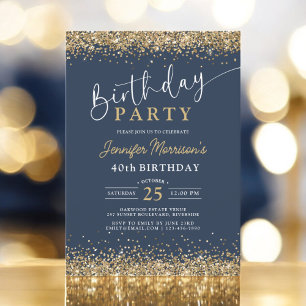 Navy Blue Guld Glitter, 40:e födelsedagen Inbjudningar