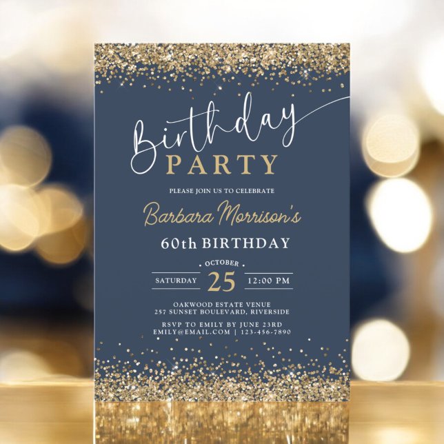Navy Blue Guld Glitter, 60:e födelsedag Inbjudningar (Skapare uppladdad)
