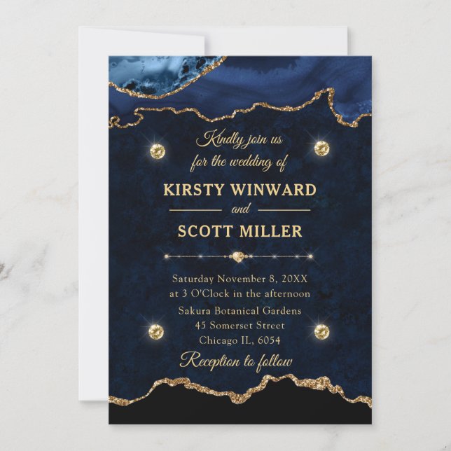 Navy Blue & Guld Glitter Agate Marble Bröllop Inbjudningar (Framsida)