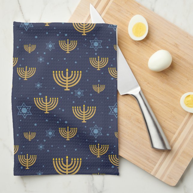Navy Blue & Guld Hanukkah Menorah Mönster Kökshandduk (Vikt i Fjärdedel)