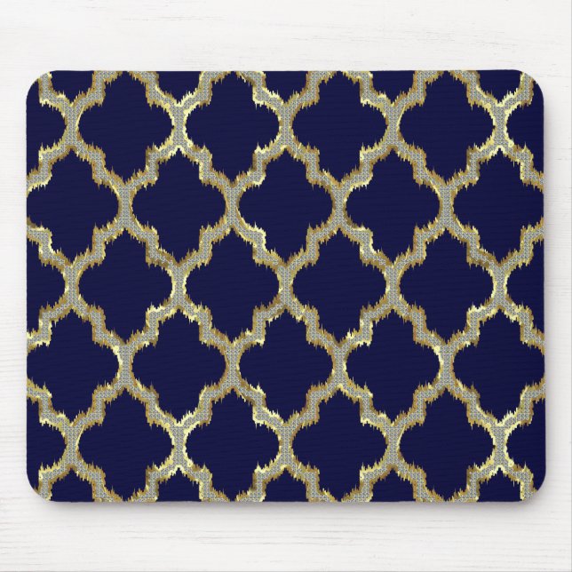 Navy Blue & Guld Ikat Tribal Geometric Mönster Musmatta (Framsidan)