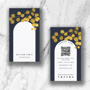 Navy Blue Guld Löv Modern Arch QR-kod Visitkort