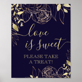 Navy Blue & Guld Modern Blommigt Sweet Favor Bord Poster