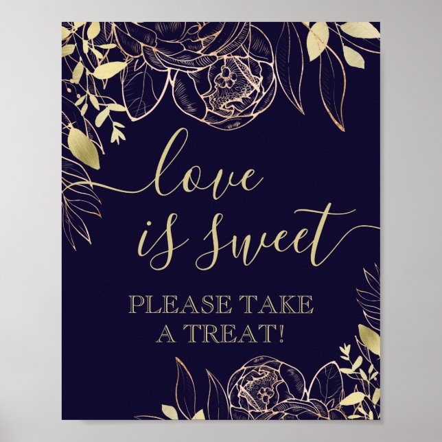 Navy Blue & Guld Modern Blommigt Sweet Favor Bord Poster (Framsidan)