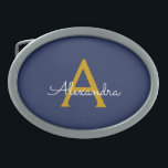 Navy Blue Guld Modern Script Girly Monogram Namn<br><div class="desc">Enkelt skript Monogram Namn Bälte Buckle för marinblått och Guld. Detta gör perfekt studenten,  söt 16 16,  18,  21,  30,  40,  50,  60,  70,  80,  90:e,  100-årsdag,  bröllop,  möhippa,  årsdag,  babydusch eller bachelorette-gåva till någon som glam lyx och chic stilar.</div>