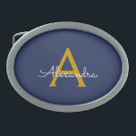 Navy Blue Guld Modern Script Girly Monogram Namn<br><div class="desc">Enkelt skript Monogram Namn Bälte Buckle för marinblått och Guld. Detta gör perfekt studenten,  söt 16 16,  18,  21,  30,  40,  50,  60,  70,  80,  90:e,  100-årsdag,  bröllop,  möhippa,  årsdag,  babydusch eller bachelorette-gåva till någon som glam lyx och chic stilar.</div>