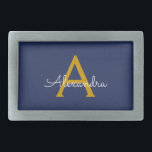 Navy Blue Guld Modern Script Girly Monogram Namn<br><div class="desc">Enkelt skript Monogram Namn Bälte Buckle för marinblått och Guld. Detta gör perfekt studenten,  söt 16 16,  18,  21,  30,  40,  50,  60,  70,  80,  90:e,  100-årsdag,  bröllop,  möhippa,  årsdag,  babydusch eller bachelorette-gåva till någon som glam lyx och chic stilar.</div>