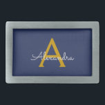 Navy Blue Guld Modern Script Girly Monogram Namn<br><div class="desc">Enkelt skript Monogram Namn Bälte Buckle för marinblått och Guld. Detta gör perfekt studenten,  söt 16 16,  18,  21,  30,  40,  50,  60,  70,  80,  90:e,  100-årsdag,  bröllop,  möhippa,  årsdag,  babydusch eller bachelorette-gåva till någon som glam lyx och chic stilar.</div>