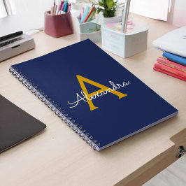 Navy Blue Guld Modern Script Girly Monogram Namn Anteckningsbok