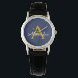 Navy Blue Guld Modern Script Girly Monogram Namn Armbandsur<br><div class="desc">Enkelt skript Monogram Namn Watch,  Navy Blue och Guld.. Det gör perfekt studenten,  födelsedag,  bröllop,  möhippa,  årsdag,  babydusch eller bachelorette-fest till någon som glam lyx och chic stilar.</div>