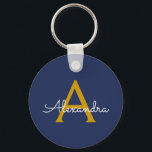 Navy Blue Guld Modern Script Girly Monogram Namn Nyckelring<br><div class="desc">Enkelt skript,  Monogram Namn nyckelringar (Nyckelring),  marinblått och Guld. Det gör perfekten söt 16-årsjubileum,  bröllop,  möhippa,  årsdag,  babydusch eller bachelorette-fest för någon som glam lyxen och chic stilar i kärlek.</div>