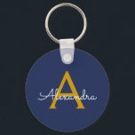 Navy Blue Guld Modern Script Girly Monogram Namn Nyckelring<br><div class="desc">Enkelt skript,  Monogram Namn nyckelringar (Nyckelring),  marinblått och Guld. Det gör perfekten söt 16-årsjubileum,  bröllop,  möhippa,  årsdag,  babydusch eller bachelorette-fest för någon som glam lyxen och chic stilar i kärlek.</div>