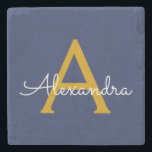 Navy Blue Guld Modern Script Girly Monogram Namn Stenunderlägg<br><div class="desc">Enkelt skript,  Monogram Namn Stone Tile,  marinblå och Guld. Det gör perfekt studenten,  söt 16-årsdag,  bröllop,  möhippa,  årsdag,  babydusch eller bachelorette-fest till någon som kärlek glam lyx och chic stilar.</div>