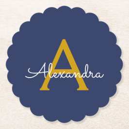 Navy Blue Guld Modern Script Girly Monogram Namn Underlägg Papper