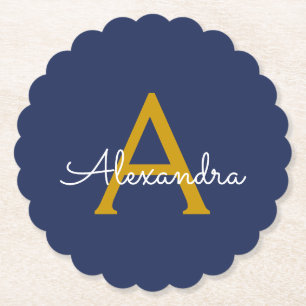 Navy Blue Guld Modern Script Girly Monogram Namn Underlägg Papper