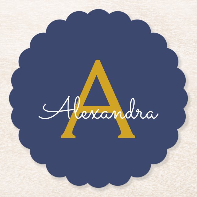 Navy Blue Guld Modern Script Girly Monogram Namn Underlägg Papper (Framsida)