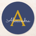 Navy Blue Guld Modern Script Girly Monogram Namn Underlägg Papper Rund<br><div class="desc">Pappra Underlägg för marinblått och Guld med enkelt skript,  Monogram Namn. Det gör perfekt studenten,  födelsedag,  bröllop,  möhippa,  årsdag,  babydusch eller bachelorette-fest till någon som glam lyx och chic stilar.</div>