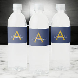 Navy Blue Guld Modern Script Girly Monogram Namn Vattenflaskor Etikett