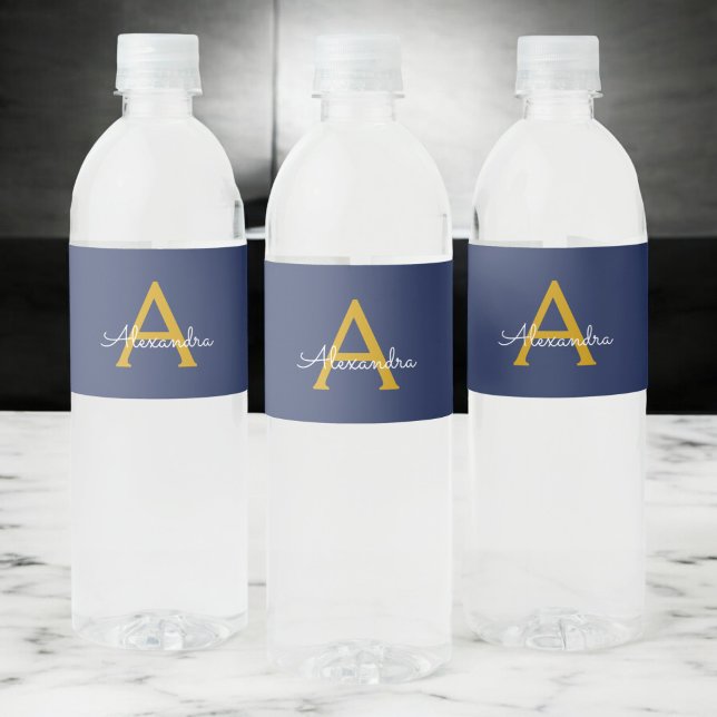 Navy Blue Guld Modern Script Girly Monogram Namn Vattenflaskor Etikett (Skapare uppladdad)